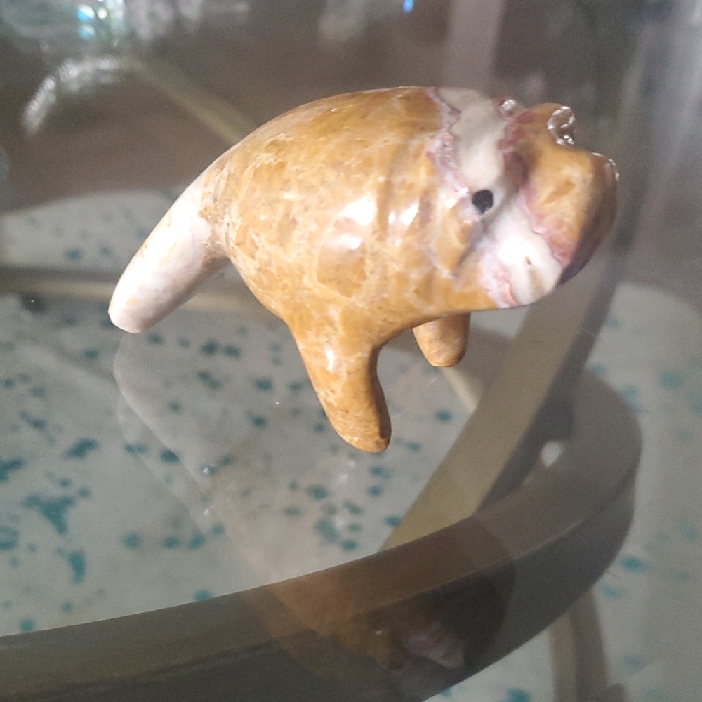 Handcrafted Stone Manatee Figurine - Brown and Cream